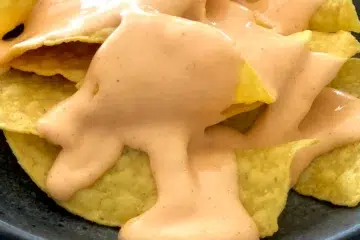 Tortilla chips with cheese sauce on top.