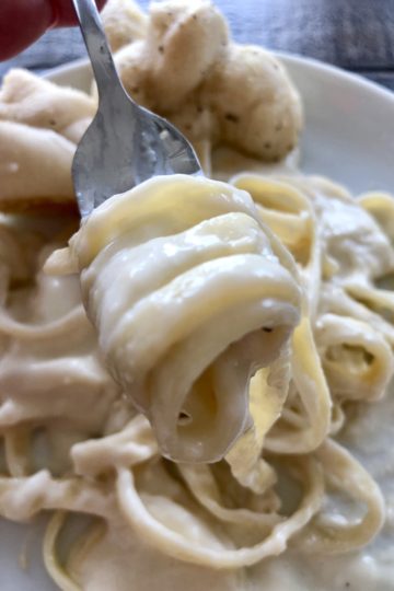Fast and Easy Creamy Alfredo Sauce on pasta being eaten with a fork