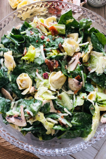 Spinach Tortellini salad bowl with all of the ingredients in it