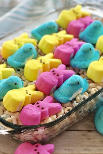 Easter Marshmallow Treats in a a9x13 pan with peeps marshmallows on top