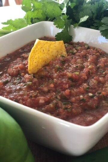 Salsa in bowl with a tortilla chip dipped in it