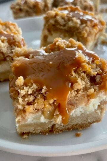 Up close caramel apple cheesecake bars