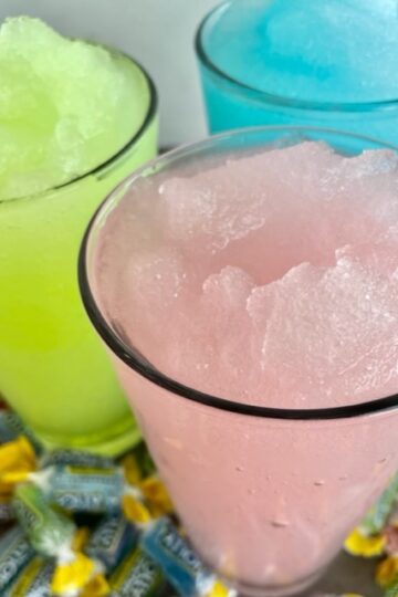 Pink, green and blue Slushies made with Jolly Ranchers.